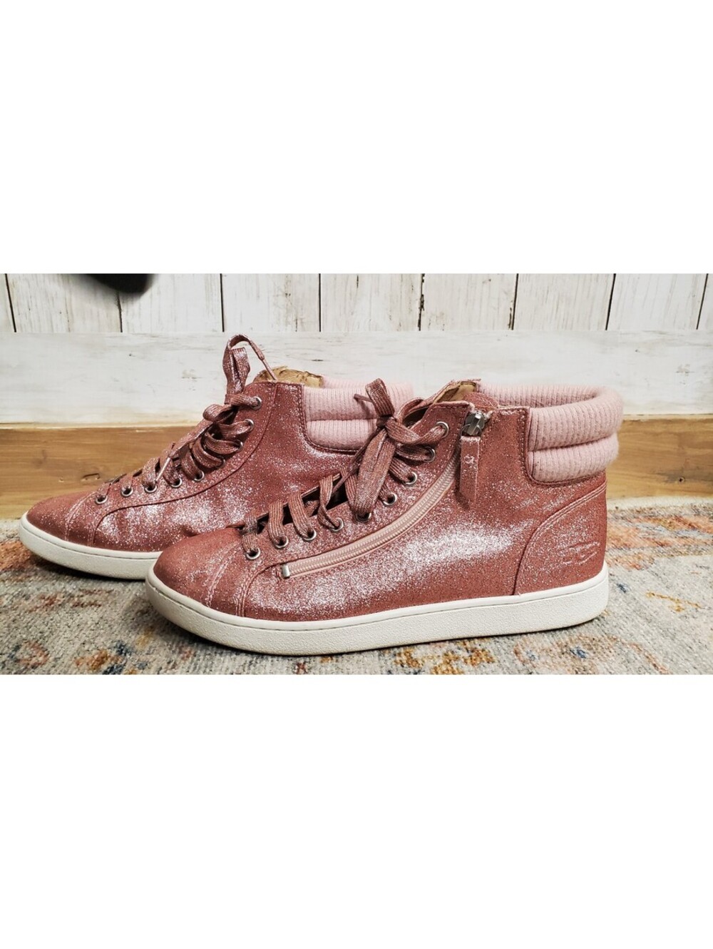 UGG Olive Glitter Pink High Top Sneakers Soft Rib Knit Collar Sz 12